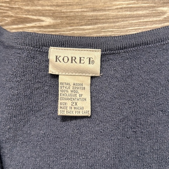 VINTAGE KORET Y2K 100% WOOL SWEATER VEST SZ 2X BLUE W/ BEADED AND SILKY FLOWERS - Picture 11 of 12